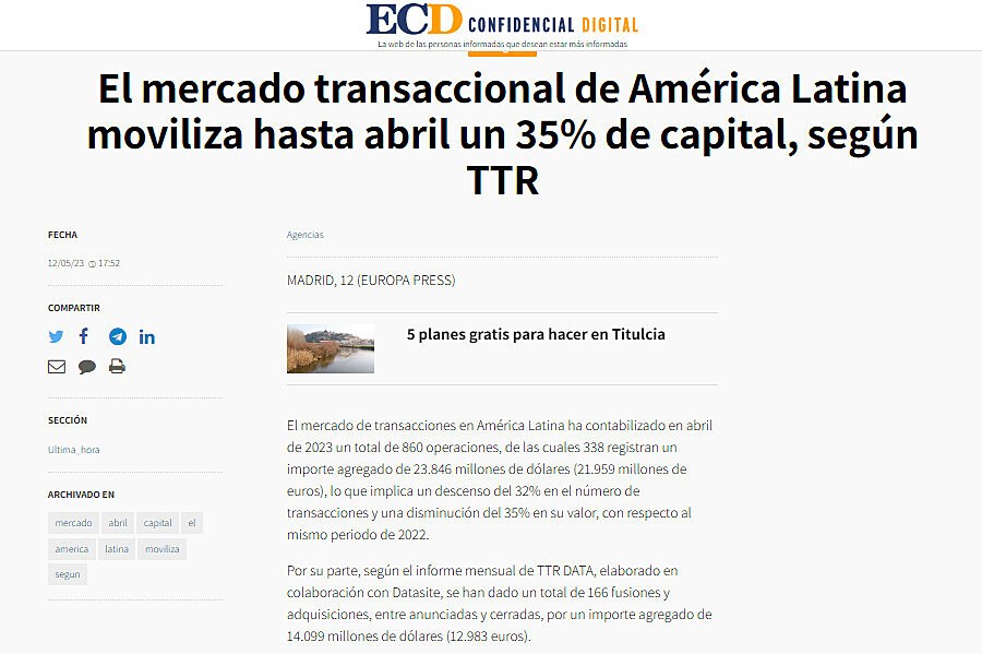El mercado transaccional de Amrica Latina moviliza hasta abril un 35% de capital, segn TTR